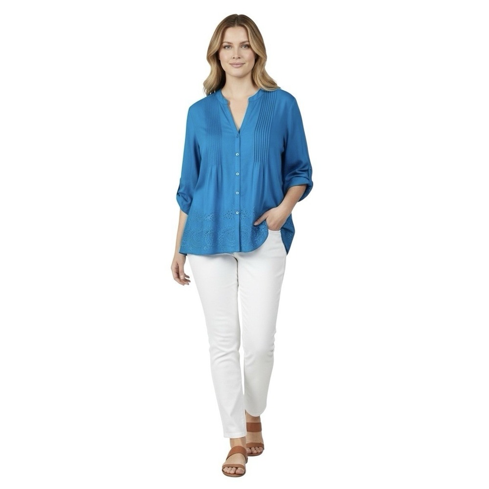 Soft Surroundings Tunic Top Size XL Turquoise Eyelet Trim Button Up Shirt - Picture 7 of 7
